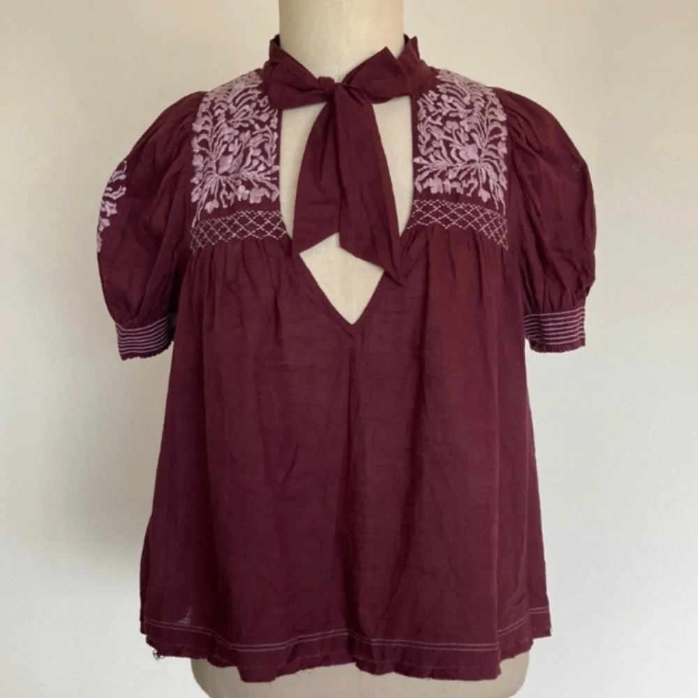 Free People Dreaming About You embroidered puff sleeve bohemian peasant top XS
